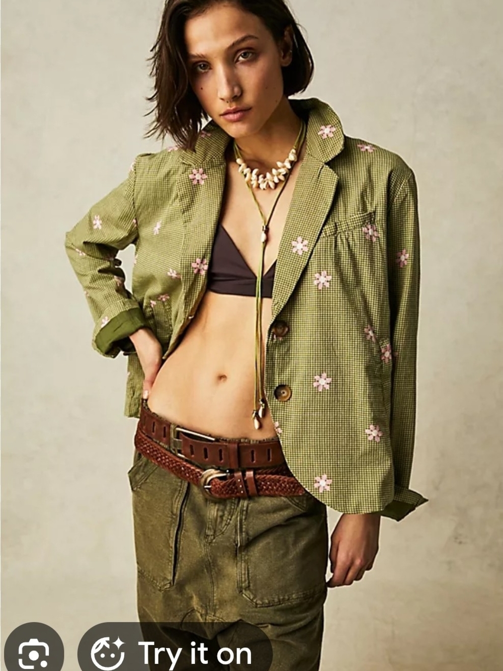 Free People Olive Green Blazer with Pink Floral Embroidery
